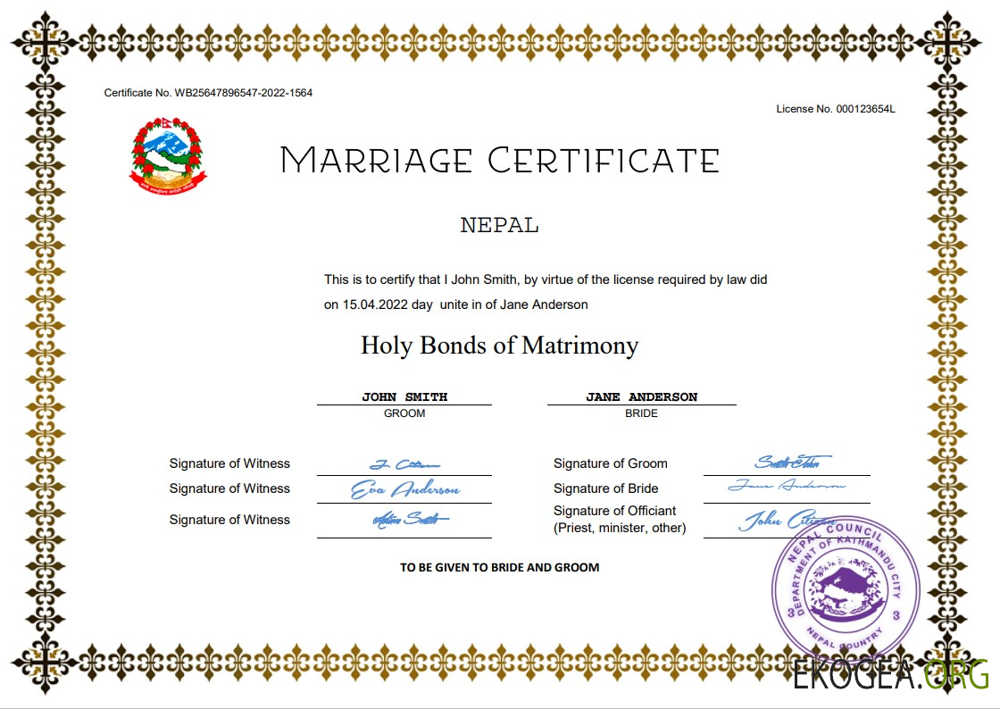 Modèle Word et PDF de certificat de mariage au Népal